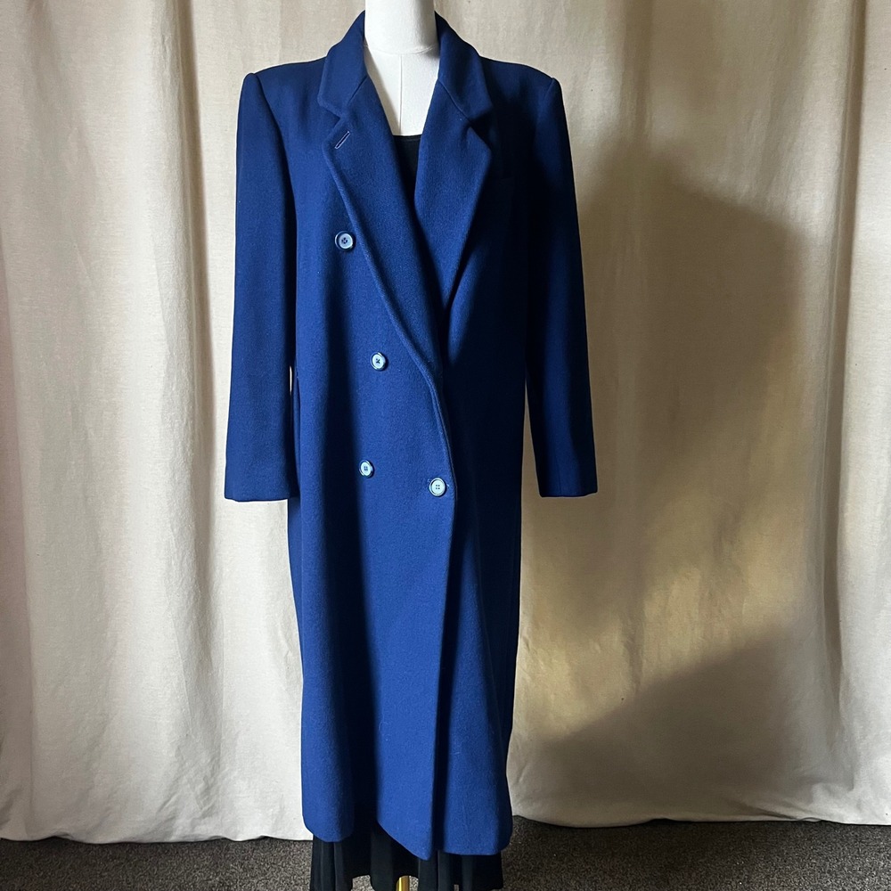 Vintage Ashley‎ Scott Wool Coat Petite M Blue Long Minimalist USA 90s
